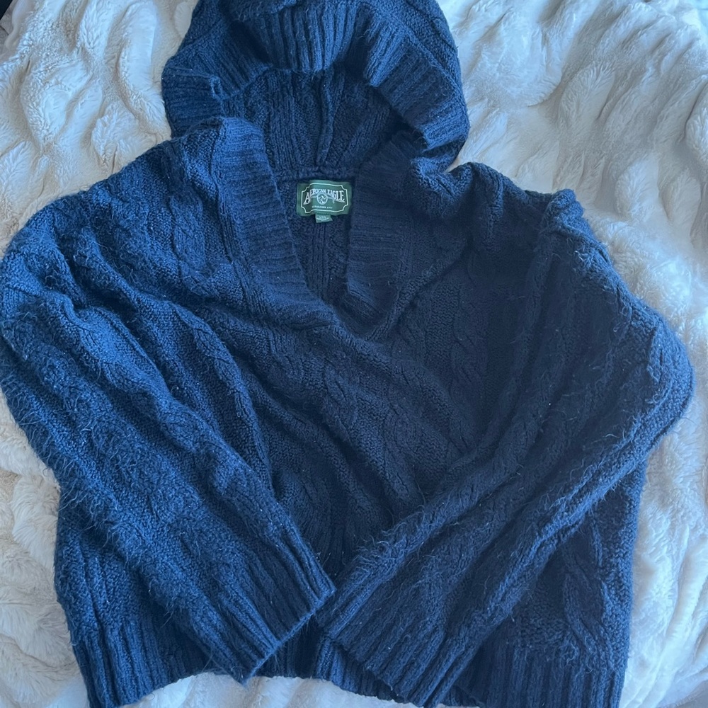 american eagle hooded pullover chunky knit sweater